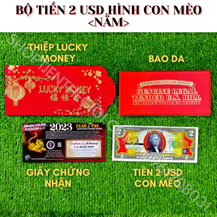 Tiền 2 USD Hình Con Mèo Mạ Vàng 2023 (Mẫu 1 Mèo Nằm)